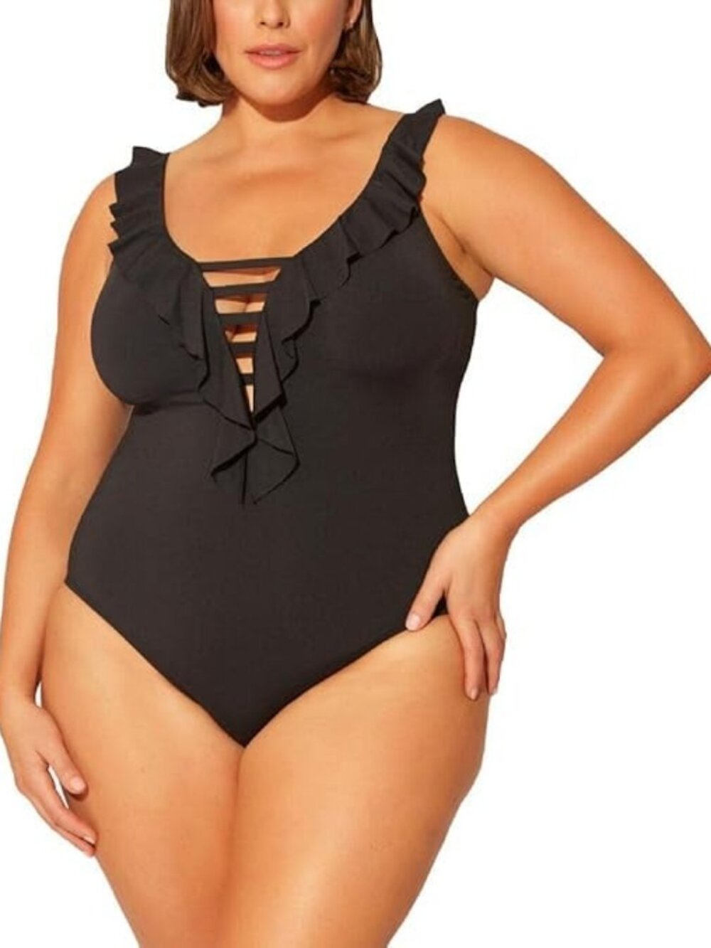 BLEU ROD BEATTIE Rufflicious Strappy V-neckline One-Piece Swimsuit Black 16W NWT